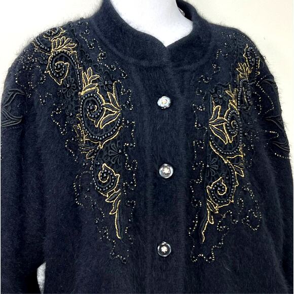 Vintage Belldini Angora Cardigan Medium Black Gold Embellished Beading Lined - Picture 1 of 13